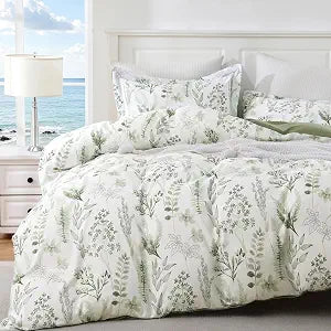 JOLLYVOGUE Floral Duvet Cover King, 3Pcs Reversible Green Duvet Cover Set