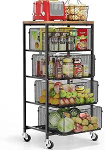 Goovilla Kitchen Cart with Drawers, 4 Tier Metal Rolling Utility Cart Organizer on Lockable Wheels with Wooden Top, Black Fruit Vegetable Storage Rack Also for Cans, Snack, Craft, Art, Office, Beauty