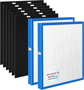 AF-20 Filter Replacement Compatible with HoMedics Air Purifier AF-20 AP-25 AR-20 Filter, fits Part# AF-20FL AP-25CRF AF-25, with 2 White Premium Filters + 6 Activated Carbon Pre-filters
