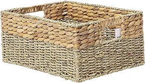 YAHUAN Natural Water Hyacinth & Seagrass Woven Storage Baskets  Wicker Storage Basket Organizer Bins with Handles for Home & Office Pantry Shelf (Large)