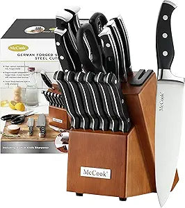 McCook Knife Sets, German Stainless Steel Kitchen Knives Set with Built-in Sharpener and Wooden Block