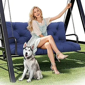 Porch Swing Cushions 48 inch Waterproof & Fade Resistant Thicken 5" Outdoor Swing Cushions 2 Seater Replacement with Backrest & Ties Patio Swing Cushions for Outdoor Furniture (Navy Blue)