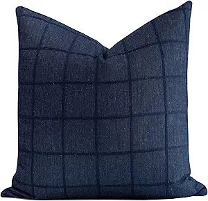 Crumbs Home Coastal Linen Indoor Outdoor Throw Pillow Cover Only, 22"x22" Water Repellent for Patio, Backyard, Couch, Dark Navy Plaid