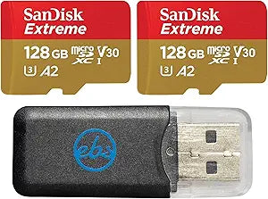 SanDisk Micro SDXC 128GB Extreme Memory Card (2 Pack) Works with DJI Drone Series Mini 4 Pro (SDSQXAA-128G-GN6MN) V30 A2 4K UHD UHS-I Bundle with (1) Everything But Stromboli MicroSD Card Reader
