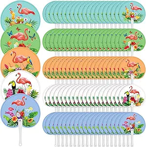 Geelin 100 Pcs Flamingo Party Favors Handheld Fans Round Shaped Plastic Fans with Handle for Summer Hawaiian Luau Holiday Aloha Birthday Flamingo Party Supplies