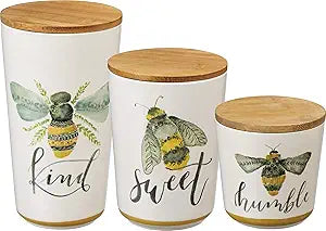 Primitives by Kathy Bee Kind Kitchen Canisters, Set of 3 Eco-Friendly Bamboo Fiber Canisters, Wood Lids with Airtight Seal, Hand Painted Floral Bee Designs, Includes 7.25", 5.75", 4.25" Sizes
