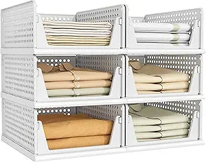 Pinkpum 6 Pack Closet Organizers Storage Bins, Stackable Plastic Drawer Basket for Clothing, Stackable Storage Bins Shelf Storage Container for Closet Wardrobe Bedroom Bathroom Office White