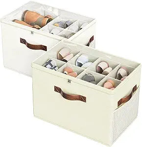 Budding Joy 2 Pack Shoe Organizer for Closet, Clear Foldable Shoe Storage Containers Adjustable Dividers Fits 16 Pairs,Shoe Storage Bins Baskets Boxes with Reinforced Handles Beige Yellow Beige