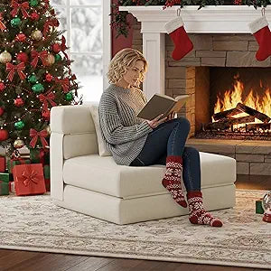 KINGYES 3-in-1 Foldable Chair Bed, Folding Sleeper Chair with Back Cushion, Convertible Sofa Bed for Adults, Cream Beige