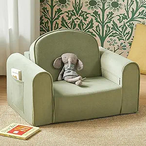 Tiny Land 2-in-1 Foldable Kids Couch with Pockets  Soft Thick Toddler Sofa, Convertible Kids Chair for Playroom, Bedroom or Living Room, Gift for Boys & Girls(Green)