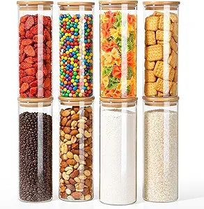 77L Stackable Glass Food Storage Containers with Lids [Set of 8 ], Airtight Glass Canister for Kitchen & Pantry Organization, Clear Borosilicate Jars for Pasta, Cereal, Flour, Sugar, Nuts