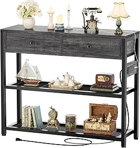 Ecoprsio Entryway Table with Outlets and USB Ports, Small Console Table with 2 Drawers, Sofa Table with Storage Shelves for Living Room, Couch, Hallway, Foyer, Kitchen Counter, 32'', Grey Oak