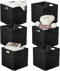 Bucherry 6 Pcs 11 x 11 x 11 Inch Wicker Storage Basket Cubes Large Handwoven Foldable bins for Shelves Woven Storage Baskets for Pantry Laundry Bedroom Living Room (Black)