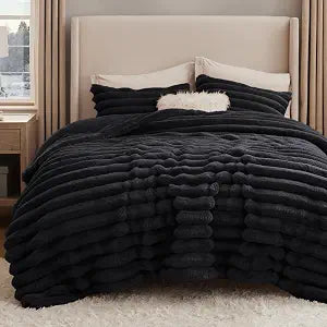 Bedsure Faux Fur King Size Comforter Set - Black Fluffy Comforter King Size, Soft and Cozy Shaggy Winter Bedding Comforter Sets, Warm Luxury Fuzzy Bed Set 3 Pieces, 1 Comforter and 2 Pillowcases