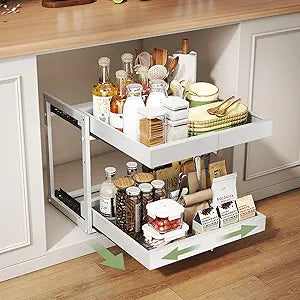 Abalter Expandable Pull Out Cabinet Organizer, 2-Tier Slide Out Drawer for Kitchen Cabinets, Adjustable Width 1218.5", Slide Out Shelves for Kitchen, Bathroom, Pantry, Heavy Duty Caddy(White)