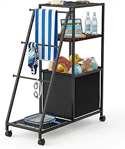 Canyave Poolside Cart with Wheels, Pool Outdoor Towel Rack Freestanding, Rolling Organizer Caddy with Storage Bin for Towels, Toys & Drinks, Patio & Hot Tub Accessories, MetalBlack
