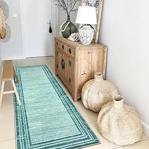 Lahome Modern Abstract Runner Rug, Washable Teal 2x6 Entryway Rug Runners Non Slip Hallway Runner, Low-Pile Soft Bathroom Runner Rug 6ft Kitchen Carpet Runner for Laundry Bedroom
