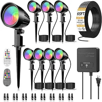 RGBW Low Voltage Landscape Lights Kit, 15W Color Changing Landscape Lights with Transformer 65FT UL-Listed Wire, Outdoor Spotlights IP66 Waterproof Remote Control for Holiday Yard Garden, 8Pack