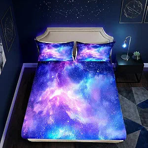 Purple Galaxy Bed Sheets Queen Size Constellation Bedding Set Kids Teens Girls Boys Starry Sky Fitted Sheet Outer Space Universe Star Design, Fashion Home Decorative 3 Piece Bedding Decor Set