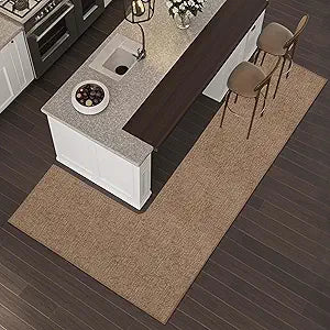 Washable Corner Kitchen Mat, L Shape Rug for Island Table, Super Absorption Velvet Coner Sink Floor Mat, Skid Free Right/Left Rug for Door, Bathroom,Living room (Camel Left-L, 4'7''X6'7''X1'10'')