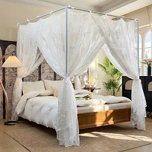 AIKASY Bed Canopy Mosquito Net for 4 Corner Post Beds, Queen Size Lace Bed Curtain with Hanging Ribbons and Floral Embroidery, Sheer Netting for Girls and Adults/White