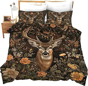 Forest Deer Comforter Set Vintage Animal Floral Print Duvet Cover Sika Deer Bedding Set Twin Full Queen King Size Elk Quilt Set for Girls Kids Teenagers Adults Men Women with 2 Pillowcases 68"x90"