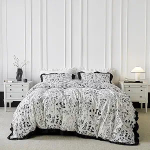 SUSYBAO Black Flower Duvet Cover King 100% Cotton 3 Pcs Set 1 Rustic Floral Ruffle Duvet Cover with Zipper Ties 2 Pillow Shams Garden White Botanical Pattern Bedding Set Soft