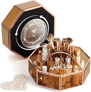 CoralHouse 360 Rotating Makeup Organizer Spinning Vanity Organizer with Makeup Brush Holder for Countertop, Bathroom Storage, Skincare, Perfume & Cosmetic Organizer for Vanity(Black)