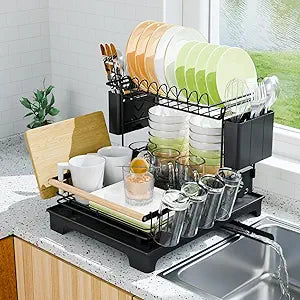 2-Tier Dish Rack with Drainboard: Large Capacity Anti-Rust Kitchen Counter Organizer with Cup, Utensil & Cutting Board Holders, Heavy Duty Dish Drying Rack, Black