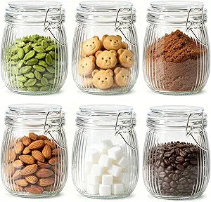 ComSaf 25oz Fluted Glass Mason Jars - Set of 6 Vintage Canisters with Airtight Lids for Sourdough Starter, Pickling, Coffee & Pantry Organization, Farmhouse Kitchen Decor