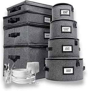 HOMELUX THEORY 8pcs Hard Shell China Storage Containers, Mug Storage, Wine Glass, Utensils, & Plate Storage Containers with Lid, Heavy Duty Dinnerware Storage for Packing Plates, Glassware & Cutlery