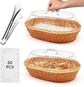 Rattan Bread Baskets, 2 Pack, Oval Woven Baskets with Acrylic Lids, 15.75 x 11.81 inches, Stainless Steel Tongs, Lace Doilies, for Bread, Fruit, Food Display