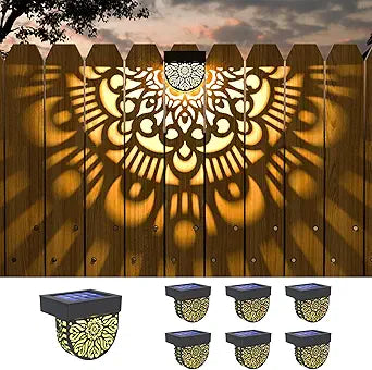 6 Pack Solar Fence Lights Outdoor Wall Lights Black Plastic Solar Powered Deck Step Stair Lights Mandala Theme Waterproof Fence Solar Light for Garden Post Patio Backyard Yard Decor