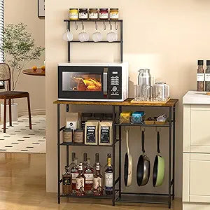 3IngSeagulls Baker's Rack for Kitchen with Storage, Microwave Stand with Adjustable Shelves and 10 S Hooks, 6-Tier Coffee Bar Station, Kitchen Shelves for Spices, Pots, Rustic Brown