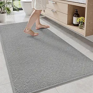 AMOAMI Thin Bath Mat, Super Absorbent Bath Mats for Bathroom, Quick Dry Rubber Backed Bath Rug Non Slip, Chenille Surface Thin Bathroom Rugs Fit Under Door,Low Pile Shower Rug,Grey,24" x 48"