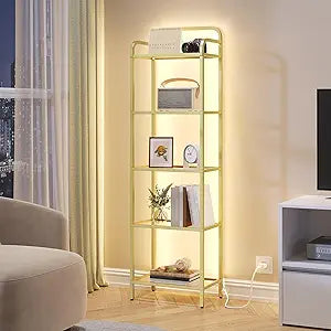 Hzuaneri Bookshelf, Tall Narrow Bookcase with LED Lights, Tempered Glass Bookshelves with Steel Frame, Display Shelf, Slim Shelving Unit for Living Room, Bedroom, 9.6"D x 15.4"W x 55.9"H Gold BC34599G