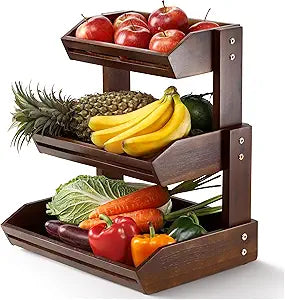 HOLANA Acacia 3 Tier Fruit Basket for Counter  Wooden Fruit Bowl for Kitchen Counter Organizer, Vegetable & Produce Storage, Wooden Basket & Snack Organizer for Countertop Storage (Walnut)