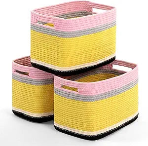 FoldTier 3 Pack Pencil Storage Bins Cute Large Teacher Woven Baskets Storage Return to School Treasure Box for Kid Daycare Elementary Preschool Book Closet Shelf Nursery Decor 15 x 9 x 10 Inches