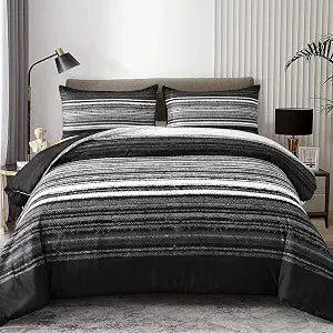 Xruibed 3PCs Queen Comforter Set Black and Grey Patchwork Stripe Comforter with 2 Pillowcases Soft Microfiber Comforter for All Season (Black,Queen Size 90x90 inches)