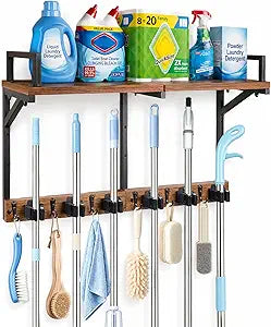 Lorbro Broom Holder Wall Mount with Cleaning Supplies Storage, Heavy Duty Broom and Mop Organizer Wall Hanging, Wooden Mop Organizer Hanger, 3 in 1 Storage Shelves for Laundry Room, Garage, Closet