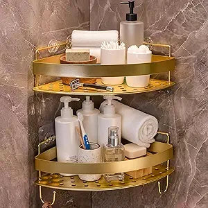 Corner Shower Shelves, 2-Tier Gold Shower Candy with 4 Hooks, Stainless Steel Bathroom Shower Organizers, Wall Mounted Caddy Shelves No Drilling with Adhesive, Triangle Storage Shelf for Toilet