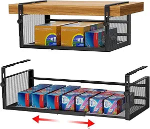 AmonHouseware 2Pack Under Shelf Basket, Adjustable Hanging Under Cabinet Shelf Storage, Hanging Holder Length Stretchable 14.9-22.6Inch for Kitchen Pantry Desk Counter Bookshelf Cupboard (Black)