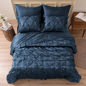 MR&HM Satin Comforter Queen 7 Pieces - Luxurious Pinch Pleat Bedding Set with Comforter, Flat Sheet, Fitted Sheet, Pillowcases & Shams, Super Silky Soft Bed Set for All Season (Queen, Mood Indigo)