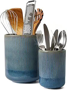 Pokini Utensil Holder, 7.3"+5.3" Ceramic Large Kitchen Utensil Holder for Countertop, Modern Spatula Holder for Counter, Kitchen Utensils Holder Utensil Crocks, Reactive Glaze Blue