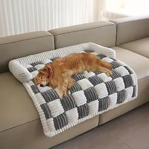 Couch Covers for Dogs and Cats, Fuzzy Dog Sofa Bed with Cream Square Plaid, Plush Pet Couch Cover Bed, Thickened Quilted Furniture Protector Mat for Large Medium Pets (Dark Grey Large)