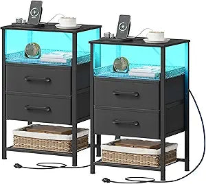 JARHETUN Nightstand Set of 2 with Charging Station, Night Stands with LED Lights, 26.4 Inch Tall Bedside Table with Metal Shelf, Side Table with 2 Fabirc Drawers for Bedroom, Black