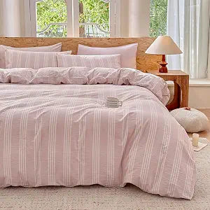 Pink Striped Duvet Cover Set 100% Washed Cotton Linen Like Super Soft Chic Bedding Set 3 Pcs Greyish Pink-White Full