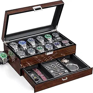 BEWISHOME High-End Watch Box, 12-Slot Watch Case with Large Glass Lid, 2-Layer Wooden Watch Box for Men, Watch Organizer Watch Storage Holder for Men Father's Day Brown SSH02Y