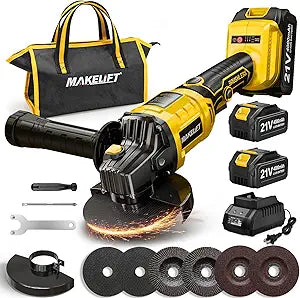 MAKELIFT Cordless Angle Grinder 4-1/2 Inch, Brushless Grinder Tool Kit, 2 x 21V 4.0Ah Batteries, 10000RPM Cordless Grinder, Cut Off Tool for Metal Cutting, Grinding, Polishing, Rust Removal (Yellow)