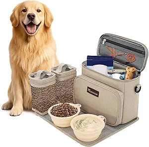Modoker Dog Travel Bag Organizer for Supplies with 2 Food Containers, 2 Collapsible Bowls & Feeding Mat, Airline Approved Dog Travel Accessories Duffel Bag for Weekend Trips, Camping & Beach, Beige
